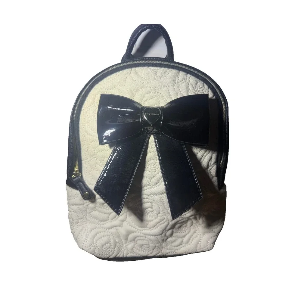 Betsey Johnson Mini Backpack Quilted Rose Cream Black Patent Bow Heart Logo